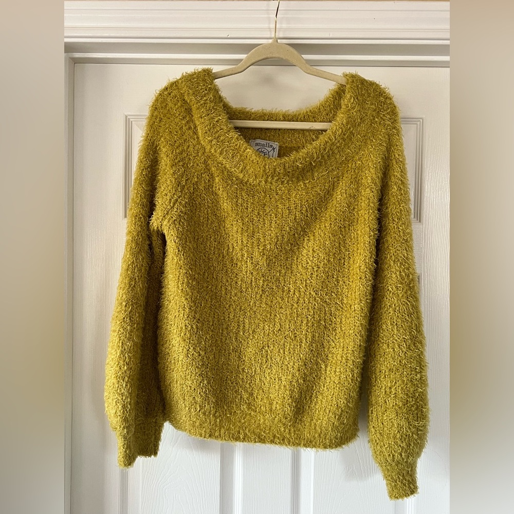 Super soft, shaggy mustard yellow sweater from Snails and Cinnamon